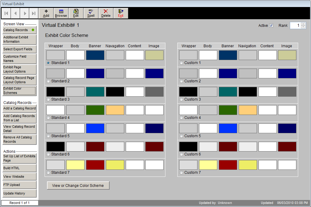 screen shot of the Exhibit Color Scheme screen