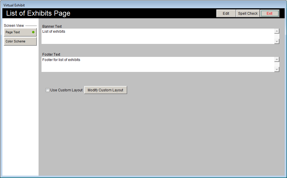 screen shot of the Exhibits Page Layout Options screen