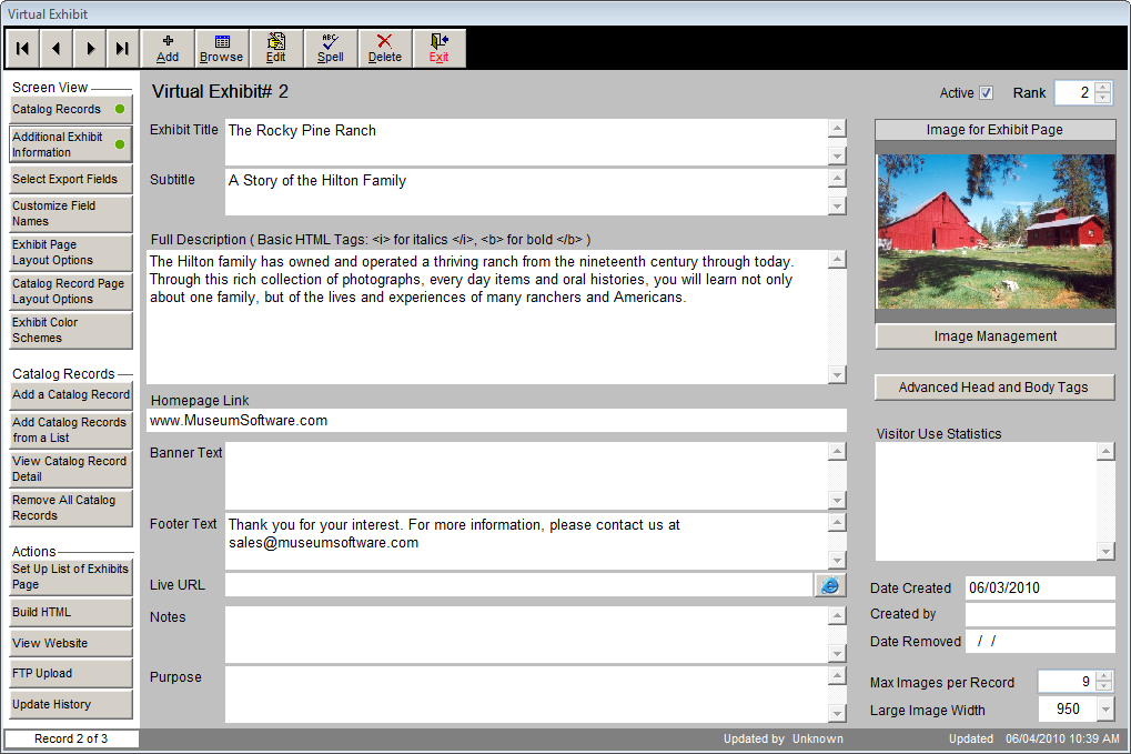 screen shot of Additional Exhibit Information screen
