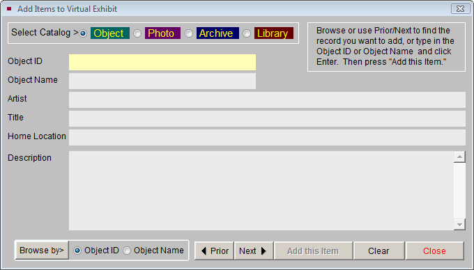 screen shot of Add Items to Virtual Exhibit screen
