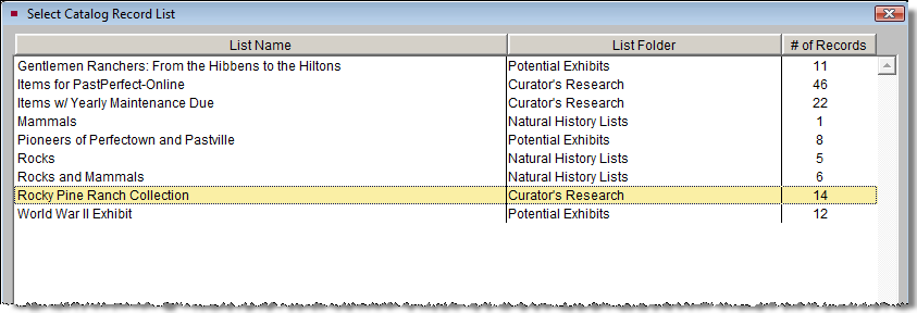 screen shot of Select Catalog Record List screen