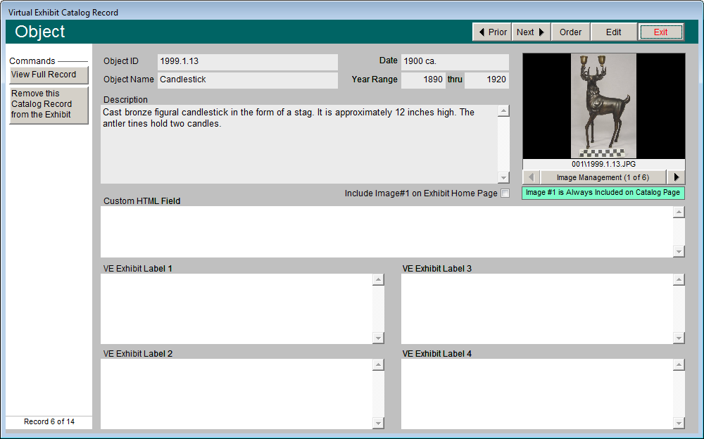 screen shot of the Virtual Exhibit Catalog Record screen