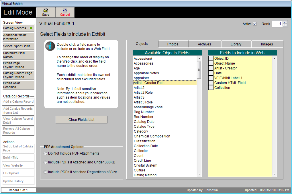 screen shot of the Select Fields to Include in Exhibit screen