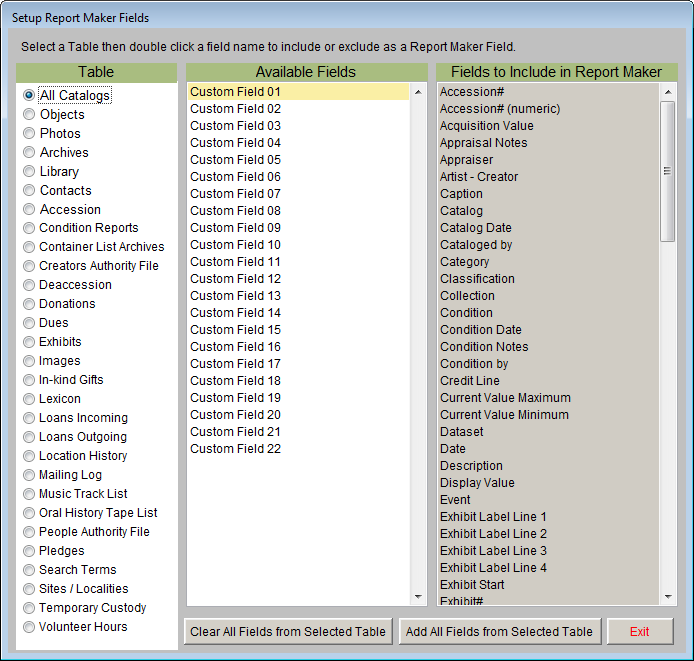 screenshot of Setup Report Maker Fields screen
