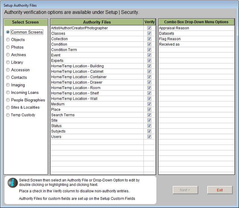 screen shot of Setup Authori Files screen