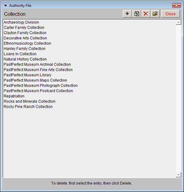Screenshot of Collection Authority File screen.