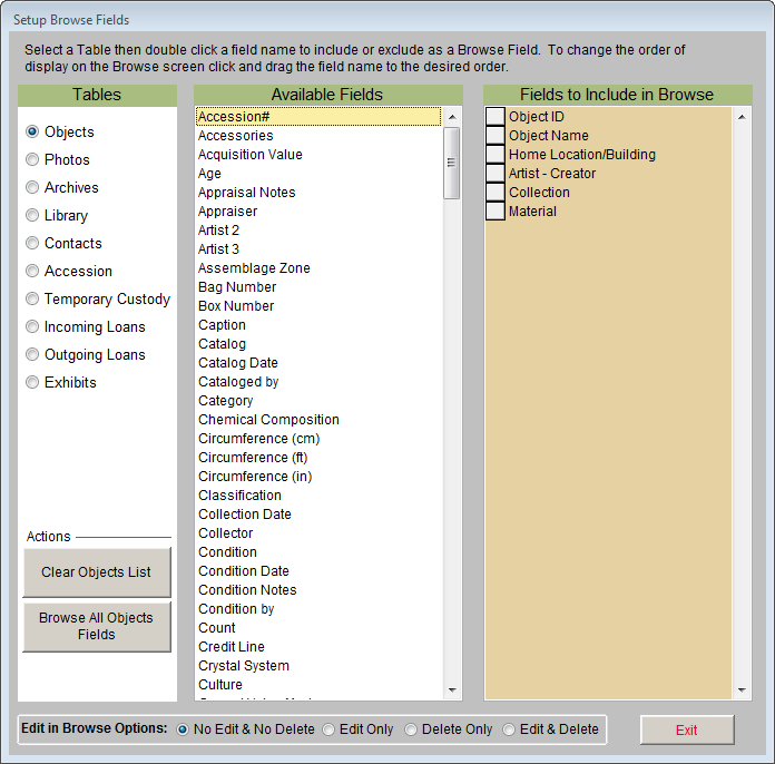 Screenshot of Setup Browse Fields screen