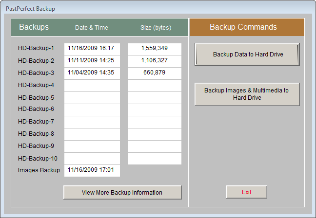 screenshot of PastPerfect Backup screen