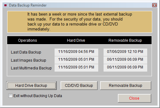 screenshot of Backup Reminder screen