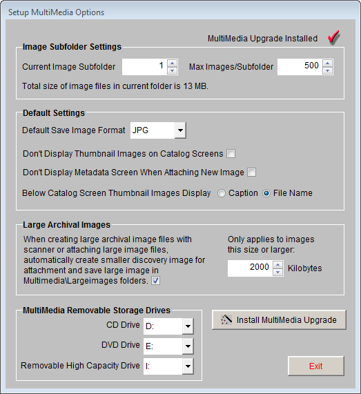 Screenshot of Setup Multimedia Options screen