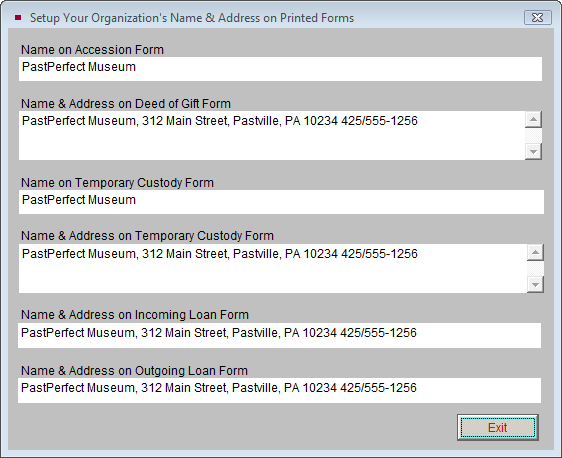 screenshot of Name and Address Setup Screen