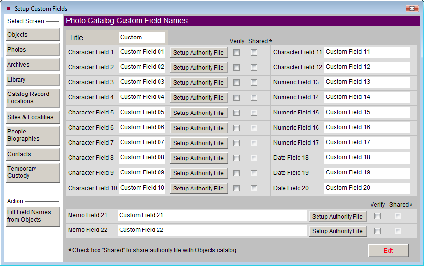 Screenshot of Setup Photo Catalog Custom Field Names