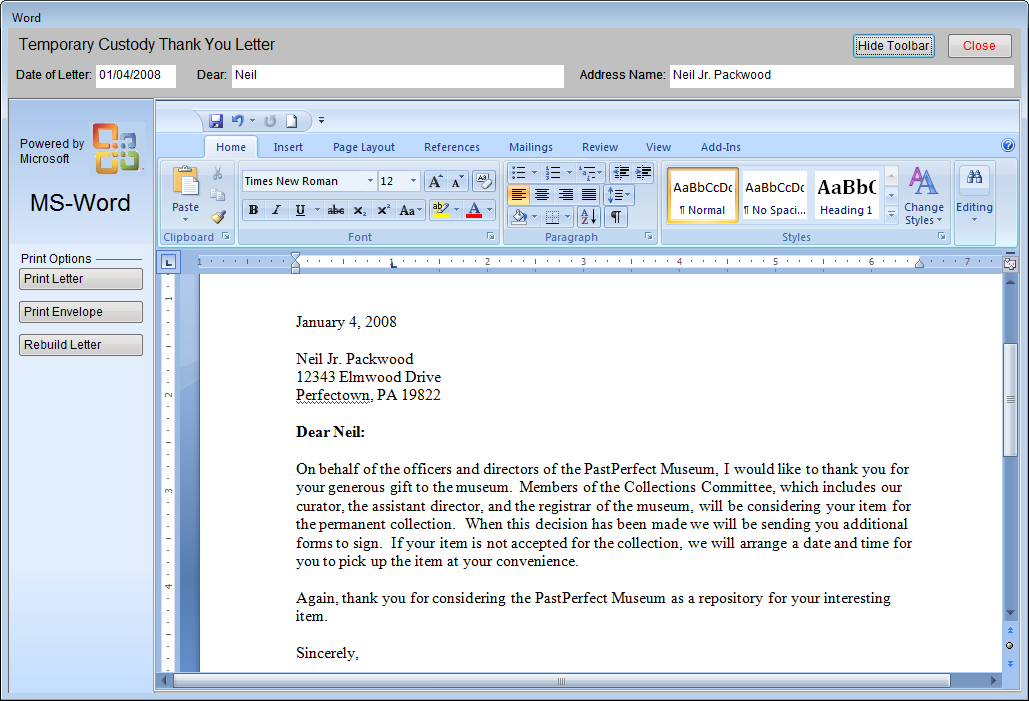 screenshot of MS-Word interface with Temporary Custody Thank You Letter.