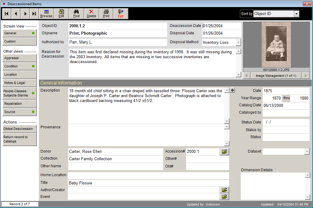 screenshot of the catalog record after it has been added to the deaccesion catalog.