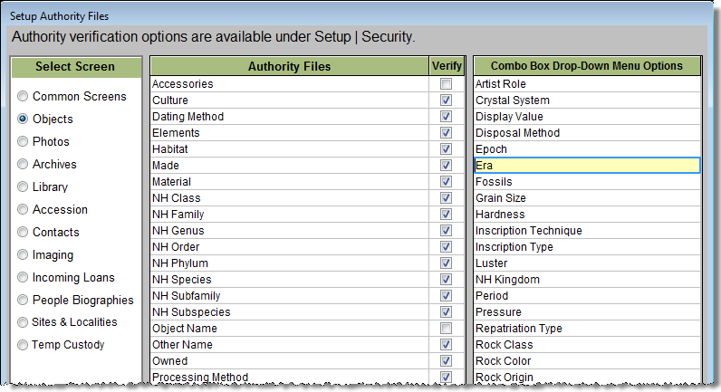 screenshot of the Authority File setup screen