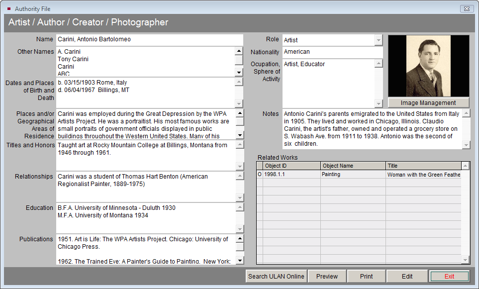 Screenshot of the Authority file for artists.