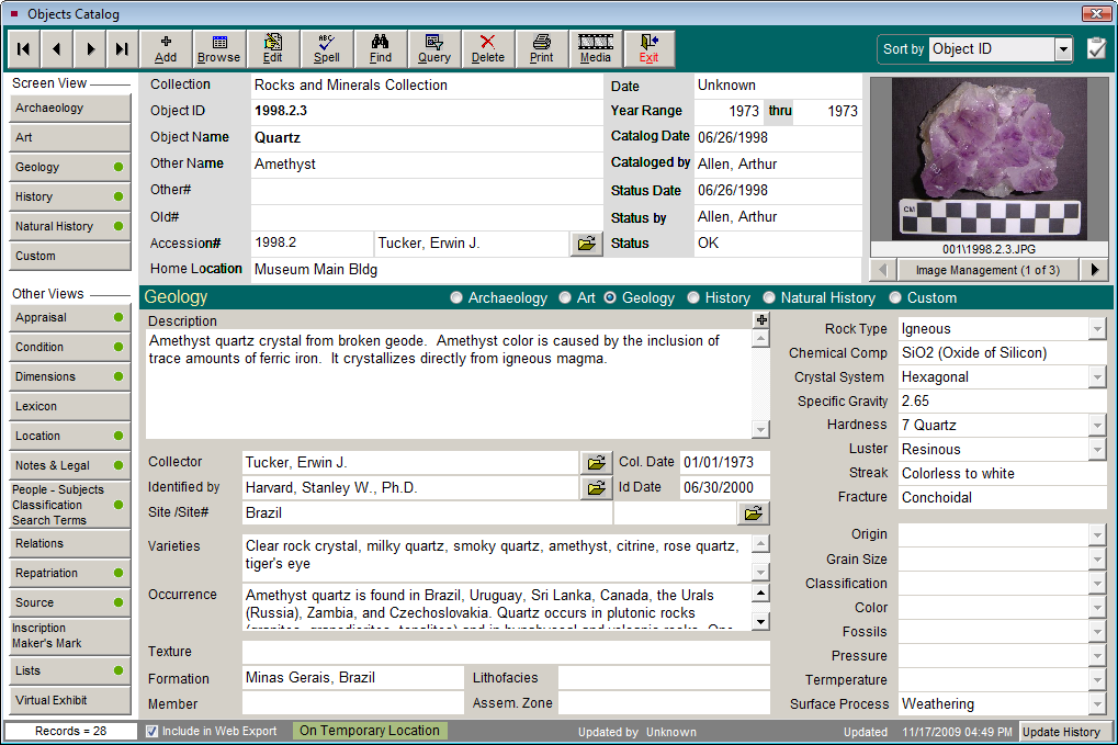 Objects Catalog Geology Screen View