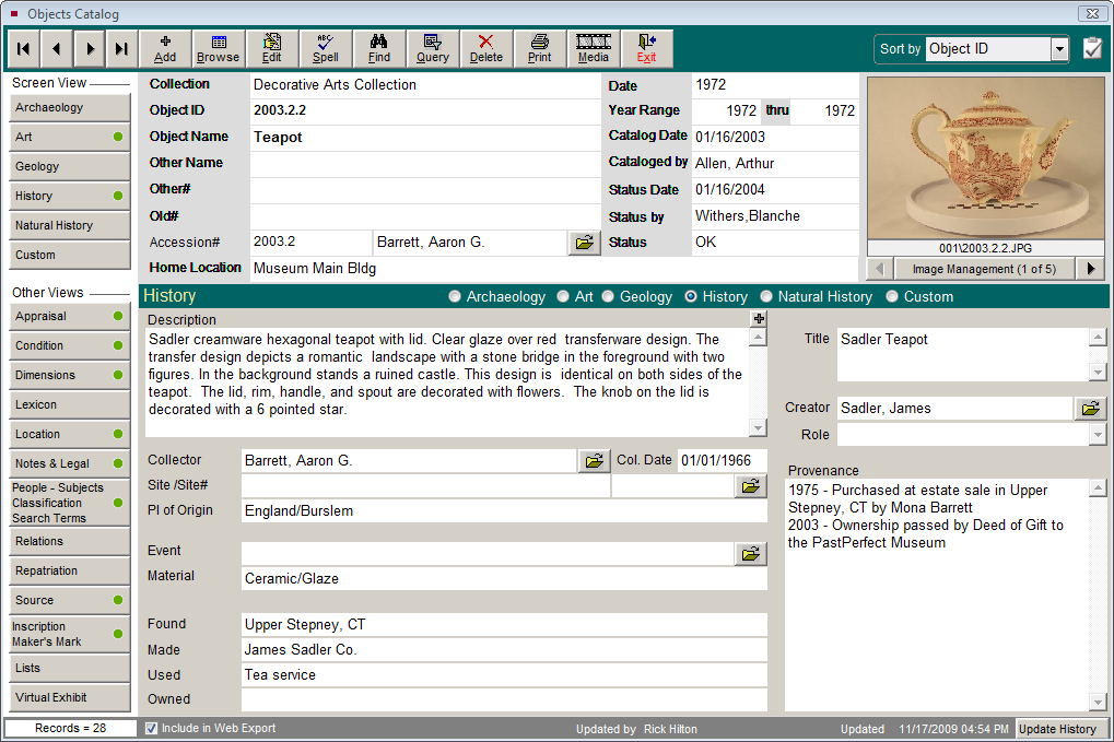 Objects Catalog History Screen View