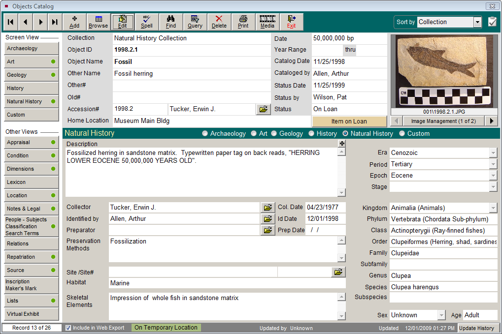 Objects Catalog Natural History Screen View