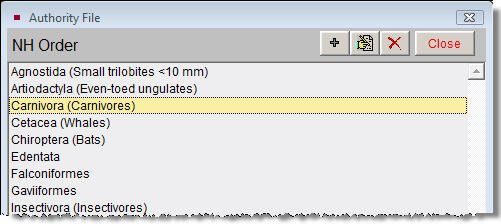 screenshot of the Authority file for Natural History's Order field.