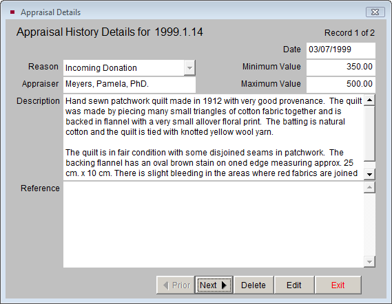 screenshot of a sample appraisal history detail record.