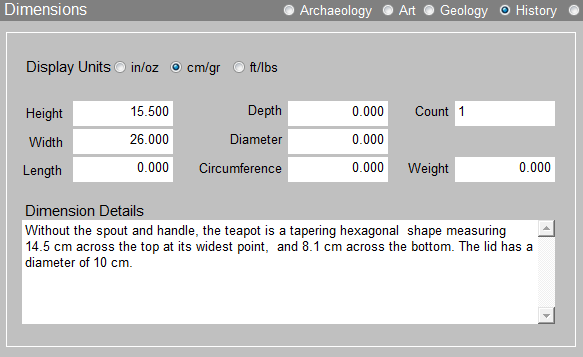 Dimensions subscreen