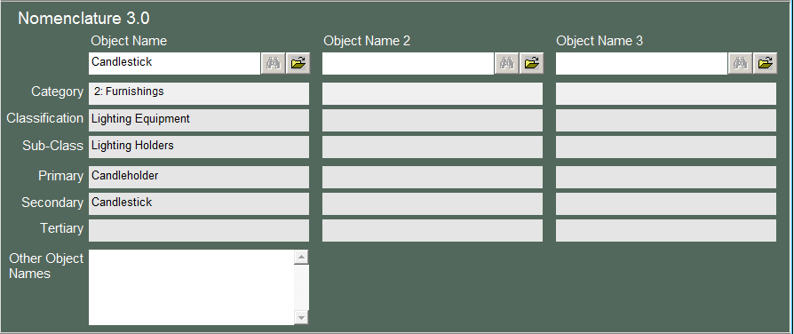 Screenshot of the Lexicon subscreen showing the ability to add three object names.