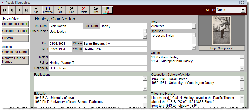 screenshot of the additional biographical informnation for the selected person.