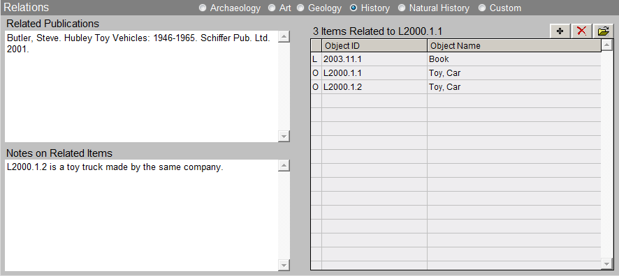 screenshot of relations subscreen siplaying the items that are related to this sample item in a grid format.
