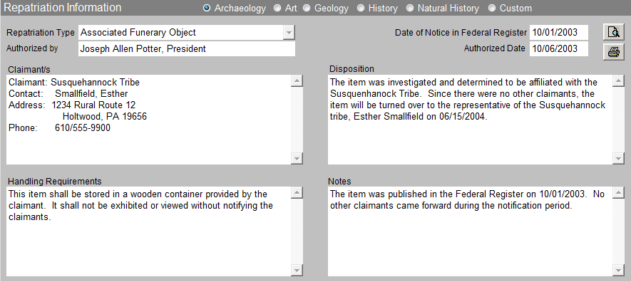 detail view of the repatriation subscreen.