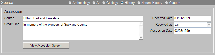 detail view of the souce subscreen showing related accession information.