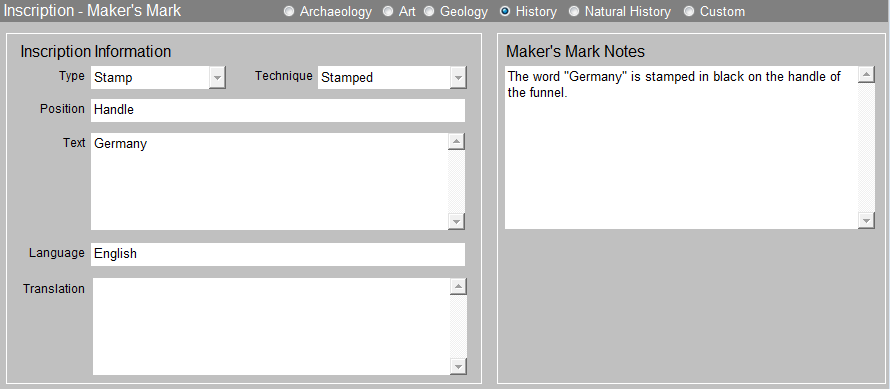 detail view of the Incription subscreen and sample data entry into the fields.
