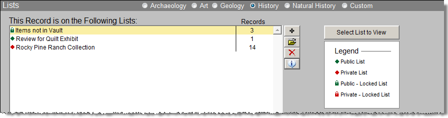 screenshot of lists subscreen.