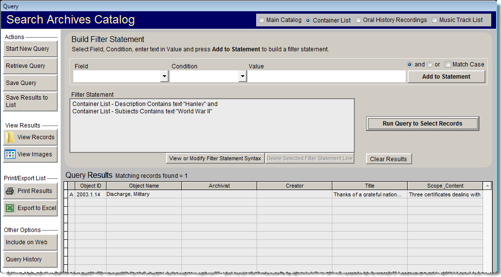 Image of sample Query screen