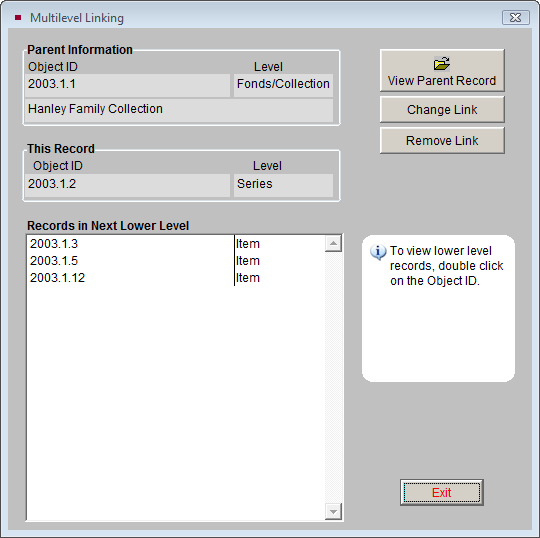 Multilevel linking screen showing parent record.