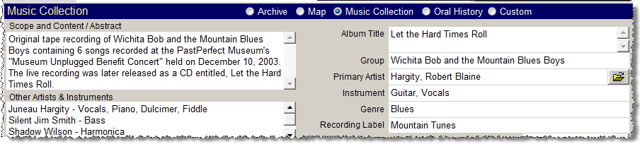 screenshot showing the Music Collection subscreen with its fields for artists and more.