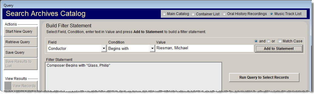 Query track list screen sample.