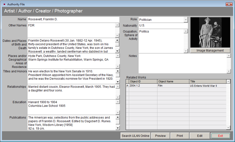 screenshot of Biography information for the creator field.