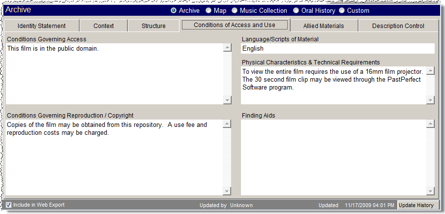 image of subscreen dedicated to the Conditions of Access fields for Archives.