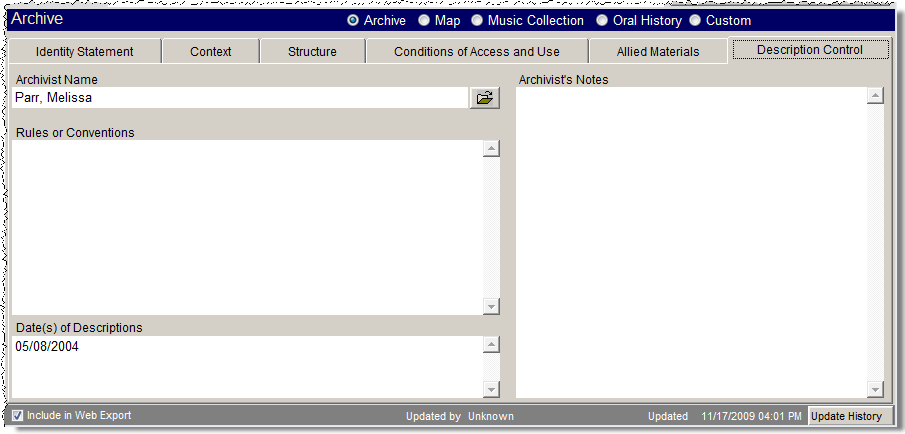 Archives Catalog Description Control tab