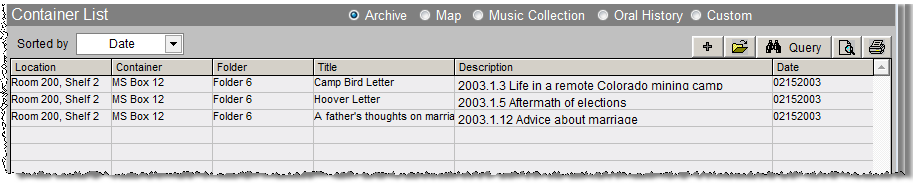 Grid from Archives record showing list of containers that house this archival collection