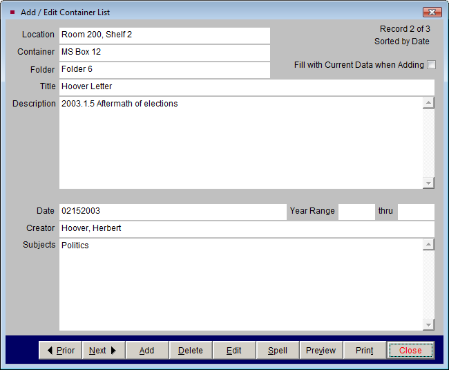 container list detail screen view.
