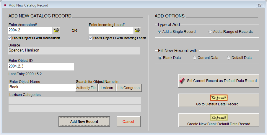 Sample add new catalog record screen.