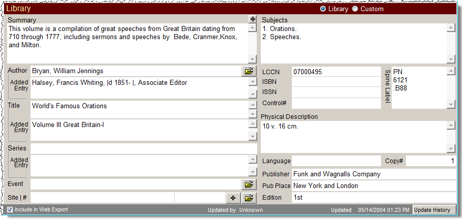 sample Library view of a Library Catalog record.