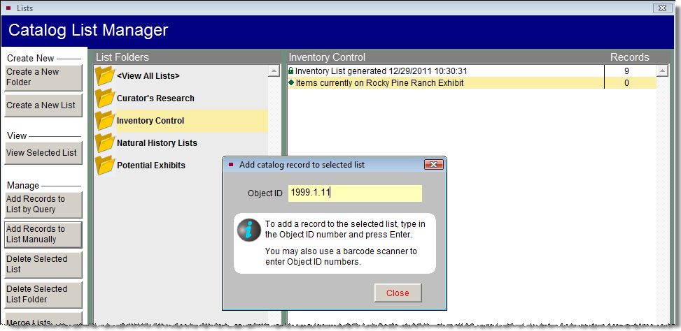 Screen shot of adding a catalog record to a selected list manually