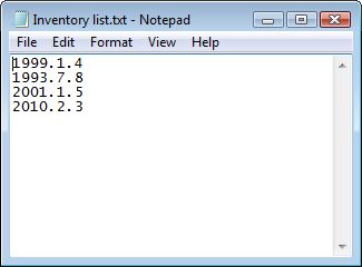 Screen shot of an Inventory List in Notepad