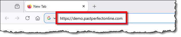 URL for PastPerfect Online site typed into the address bar.