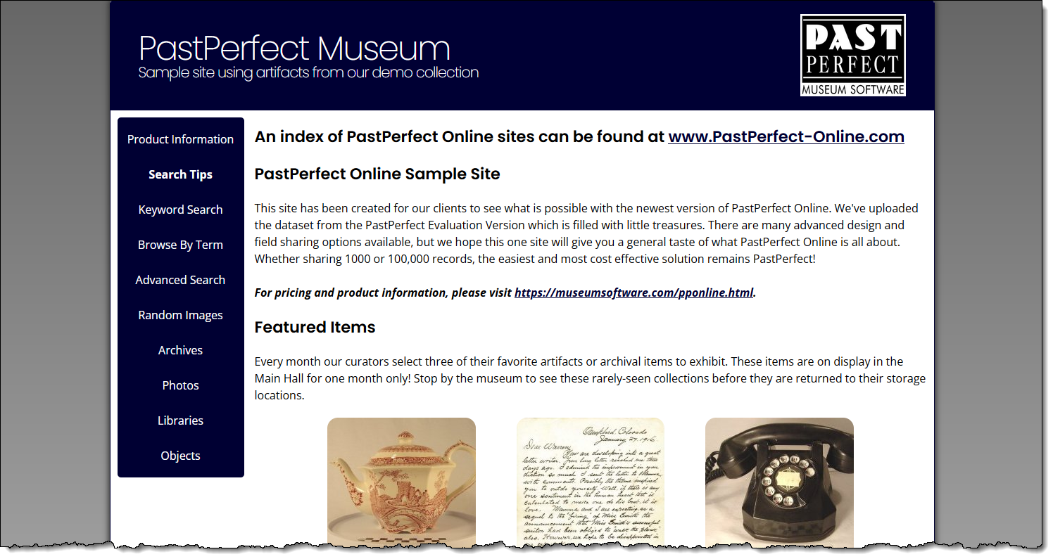 PastPerfect Online homepage showing search options on the left side of the screen.