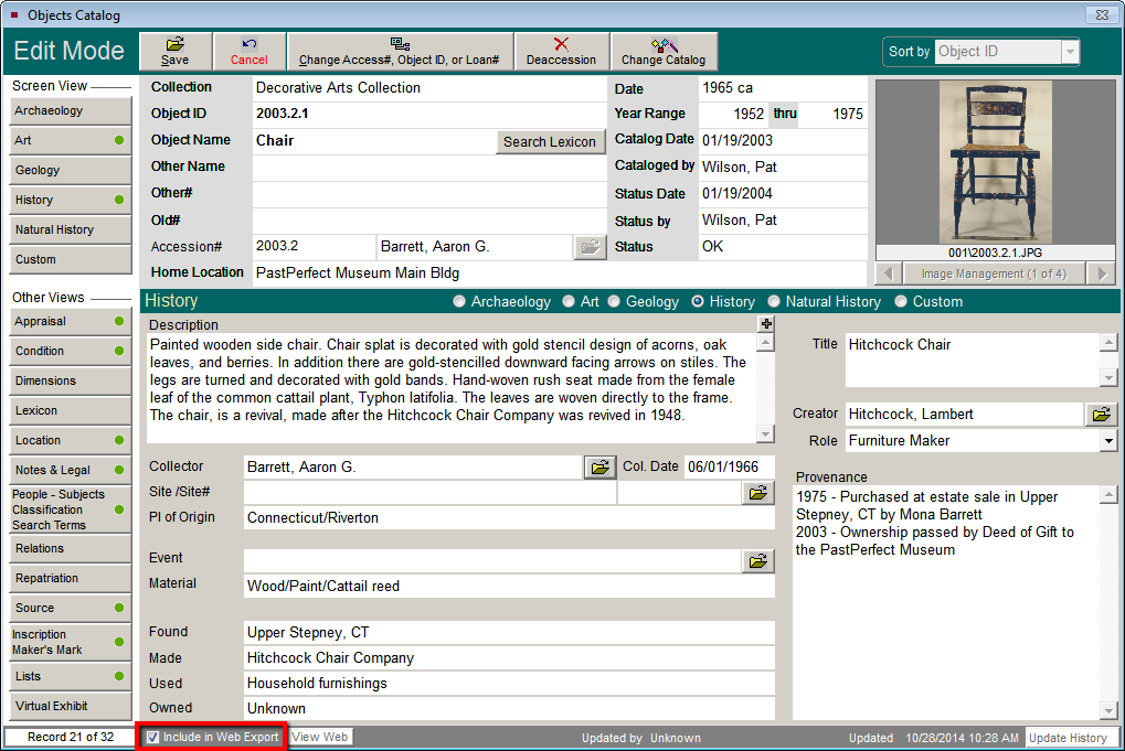 Include in Web Export checkbox