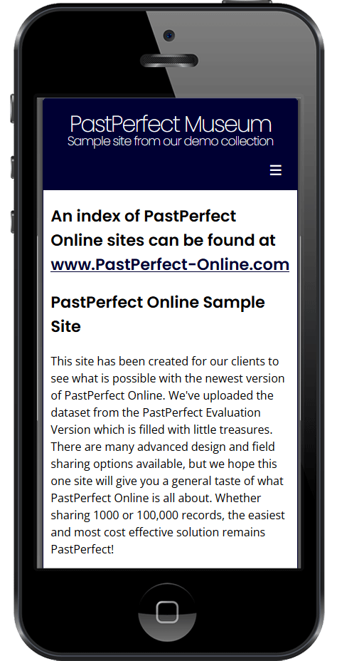 PastPerfect Online site as displayed on a mobile device such as a tablet or smart phone.